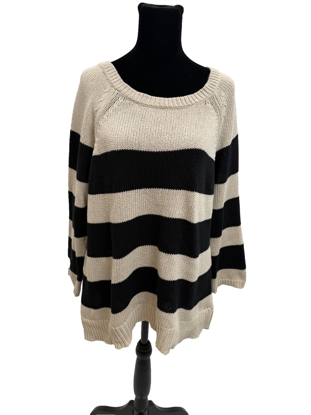 Womens Ann Taylor Striped Black/Ivory Tunic Cable Knit Sweater Size L